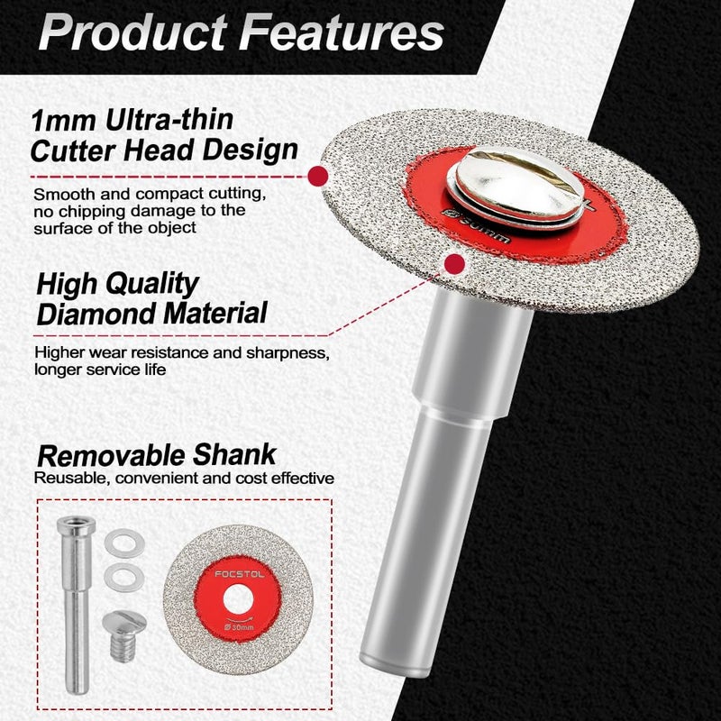 FOCSTOL Mini Diamond Glass Cutting Disc - 5pcs 1-3/16 Inch(30mm) Saw Blade and 1pc 1/4 Inch(6mm) Round Shank for Glass Jade Marble Granite Artificial Stone Porcelain Tile Ceramic - Image 5